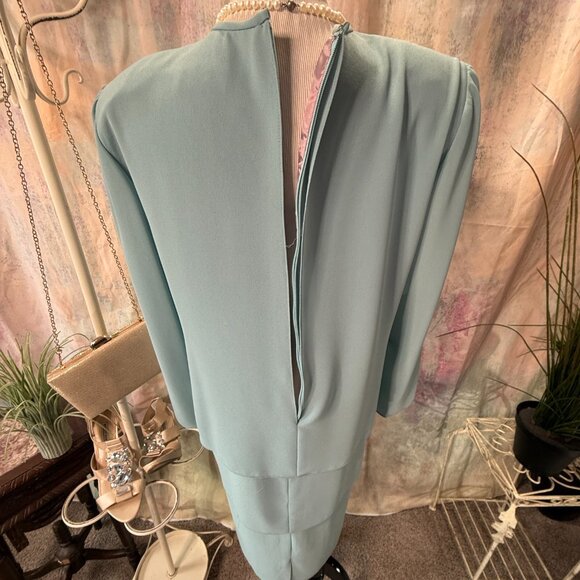VTG📌 Afterdark Evening - MOB Crystal Sea Green Chiffon Dress Long Sleeves - Picture 9 of 16